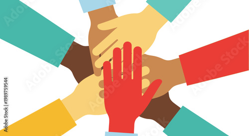 Diverse hands stacked together high.