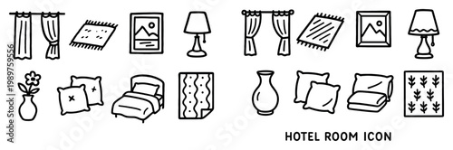 Hotel icons with bed lamp curtain handdrawn