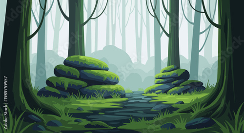 Pixel Art Forest Path with Mossy Rocks and Tall Trees