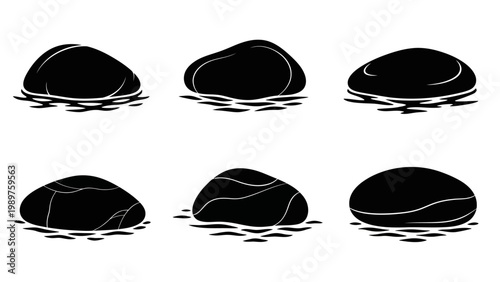 Collection of smooth black pebbles partially submerged in stylized water ripples minimal 50