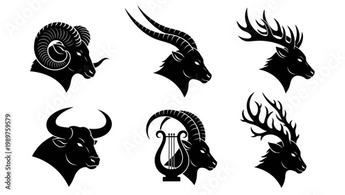 collection of stylized black animal head silhouettes with horns and antlers