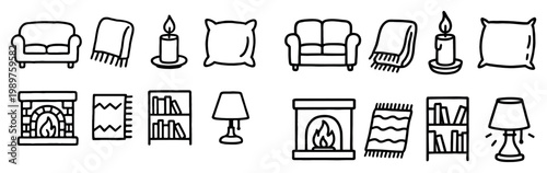 Cozy home icons with sofa candle pillow outline