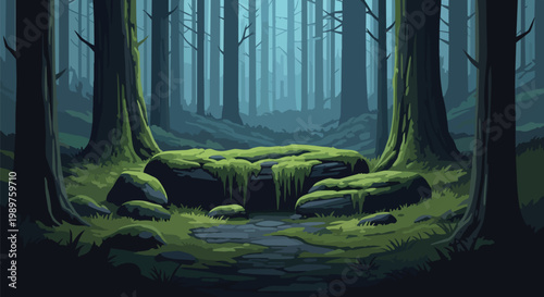 Mysterious Pixel Art Forest Clearing with Mossy Stones and Ancient Path