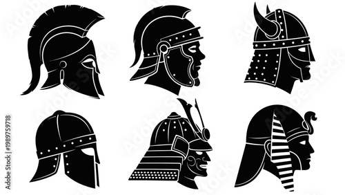 Diverse collection of historical warrior helmets in silhouette form on a white background