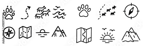 Adventure icons with paw print map and compass outline