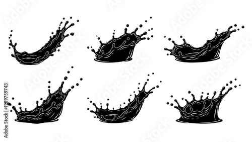 Dynamic black ink splashes and drips on a white background artistic representation