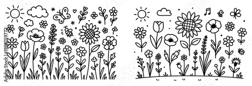 Garden icons with flower tulip daisy outline