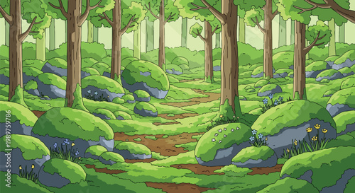 Pixel Art Forest Path with Mossy Rocks and Sunlight Rays - Verdant Landscape