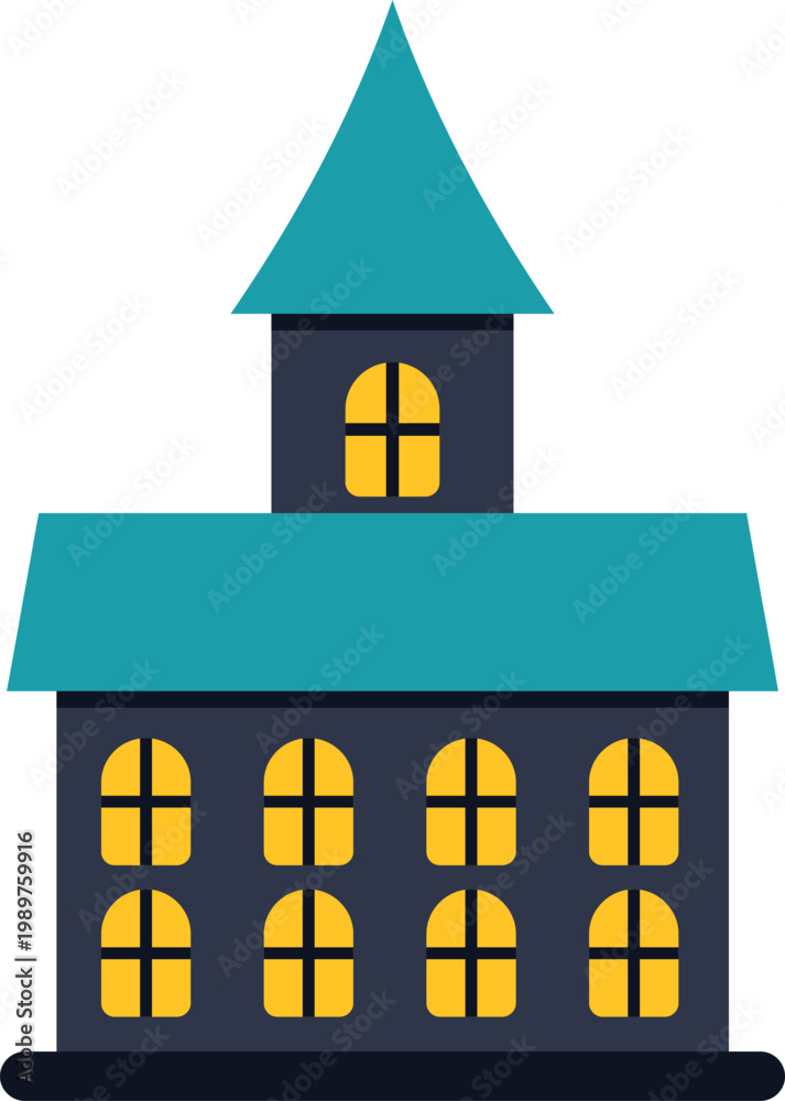 Fototapeta premium Spooky haunted house illustration featuring a dark building with glowing yellow windows
