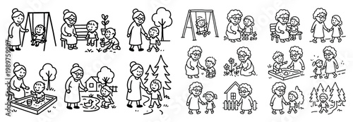Family icons with grandmother child swing outline