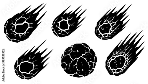 Set of black and white stylized meteorite illustrations with cracked textures and fiery tails