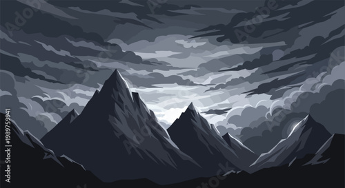 Dramatic mountain range under stormy, cloudy sky, dark, moody atmosphere