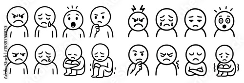 Emotion icons with angry sad surprised outline