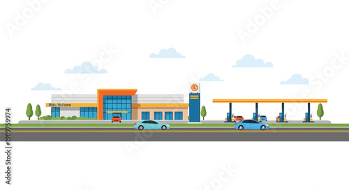 Modern Gas Station and Convenience Store Building Vector Illustration Design Concept
