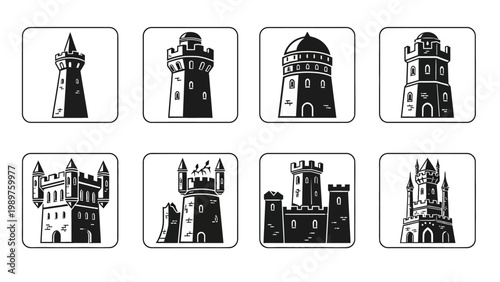 Set of stylized black and white fortress and castle tower icons with medieval architecture