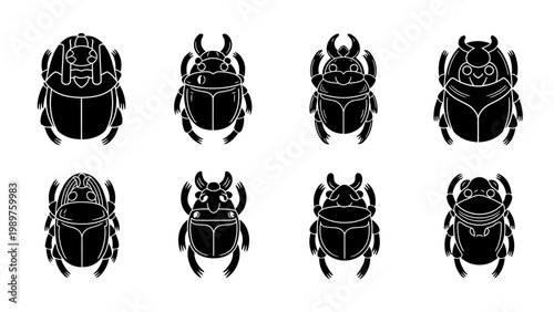 Set of stylized black scarab beetle icons with white outlines against a white background