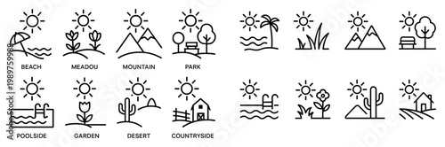 Nature travel icons with beach mountain park minimal