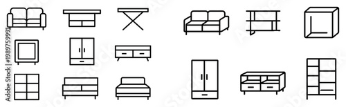 Furniture icons with sofa table cabinet outline