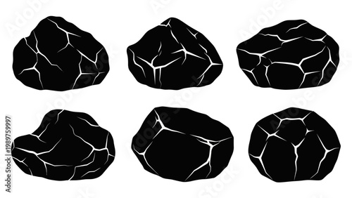 Six black coal lumps with white cracks arranged in two rows on a white background