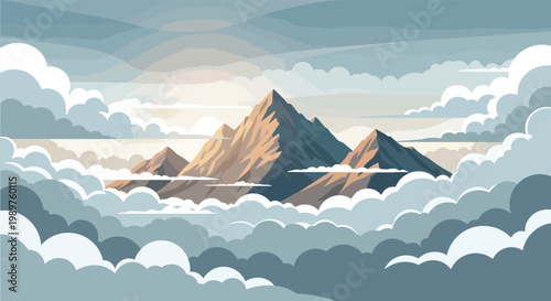 Majestic mountain peaks emerge from soft clouds, sun rays break through atmosphere