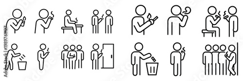 Social behavior icons with phone group trash outline