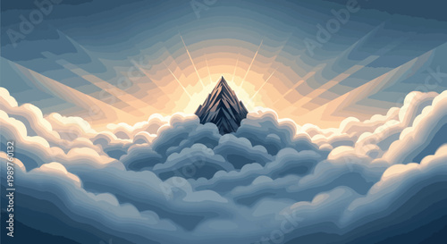 Mystical Peak Emerges From Clouds at Sunrise, Radiant Light Rays