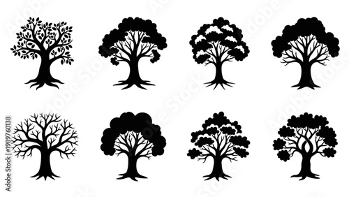 Collection of Diverse Black Silhouette Tree Illustrations Perfect for Graphic Design Projects