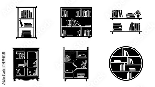 Collection of diverse bookshelves and book storage furniture icons for various design needs