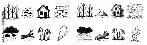 Nature damage icons with tree house crack sketch