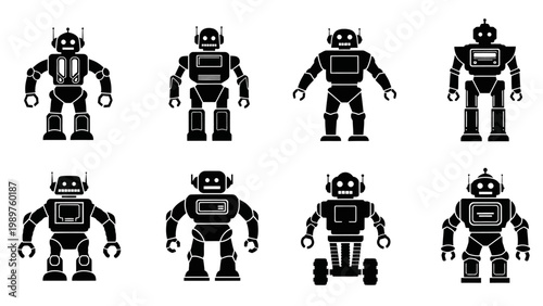 Collection of diverse robot illustrations in a consistent black and white graphic style