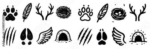 Wildlife icons with paw feather antler minimal