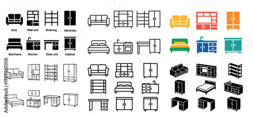 Furniture icons collection set display