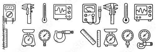Measurement icons with multimeter caliper thermometer outline