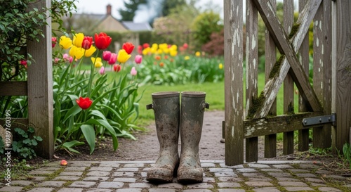 Muddy Wellington Boots by a Garden Gate