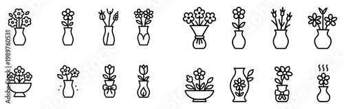Floral vase icons with tulip daisy rose outline