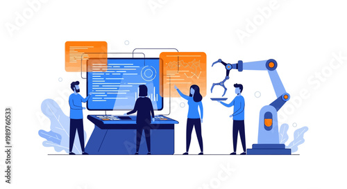 People working with robotic arm.