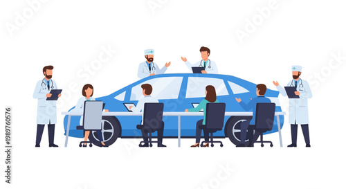 People around blue car meeting.