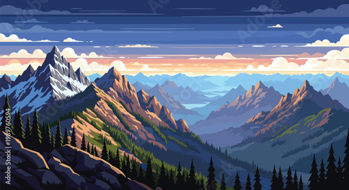 Pixel Art Mountain Landscape at Sunset with Clouds and Forest