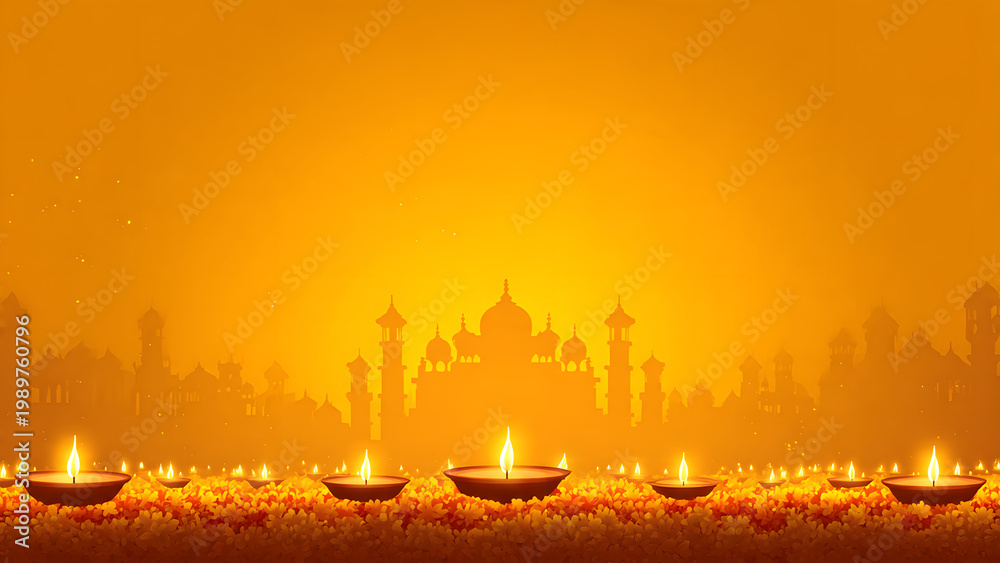 Obraz premium Traditional Diwali celebration with oil lamps and Taj Mahal silhouette