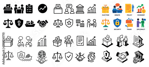 Political and legal icon set overview