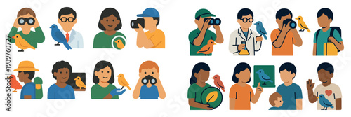 Birdwatching icons with binoculars bird person colorful