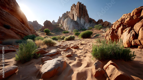 Sunset over desert landscape with low angle view of rock formations and sandy ground