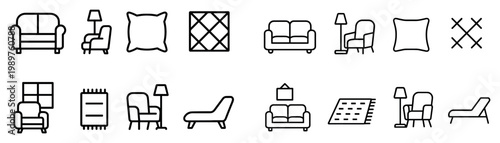 Home decor icons with sofa lamp pillow outline
