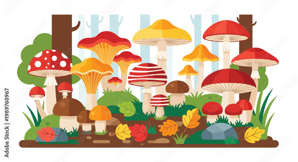 Fototapeta premium Vibrant Mushroom Forest Illustration - Autumn Colors