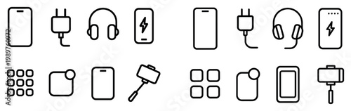 Technology icons with phone charger headphones minimal