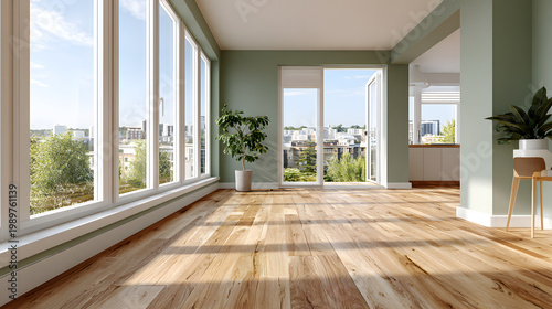 Empty minimal room with green walls and large windows showing trees and buildings outside during daylight hours