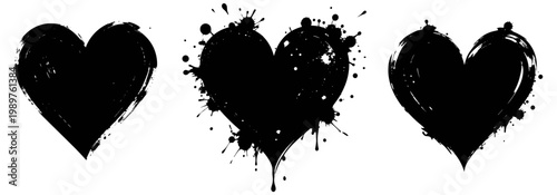 かすれ筆ハートシルエットセット インクスプラッシュ黒グランジ素材 Grunge Heart Brush Set Ink Splash Black Paint Texture Collection
