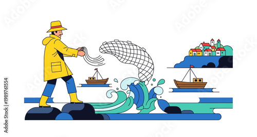 A fisherman casts a large net from a rocky shore towards the sea and distant buildings