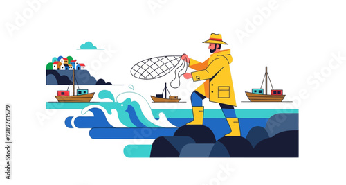 A fisherman mends his net by the sea with boats and a coastal town