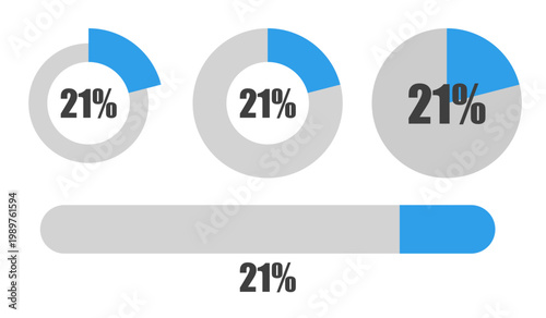 21％の円グラフとプログレスバーセット パーセンテージ表示アイコン素材21 Percent Chart and Progress Bar Set Circle Graph and UI Elements
